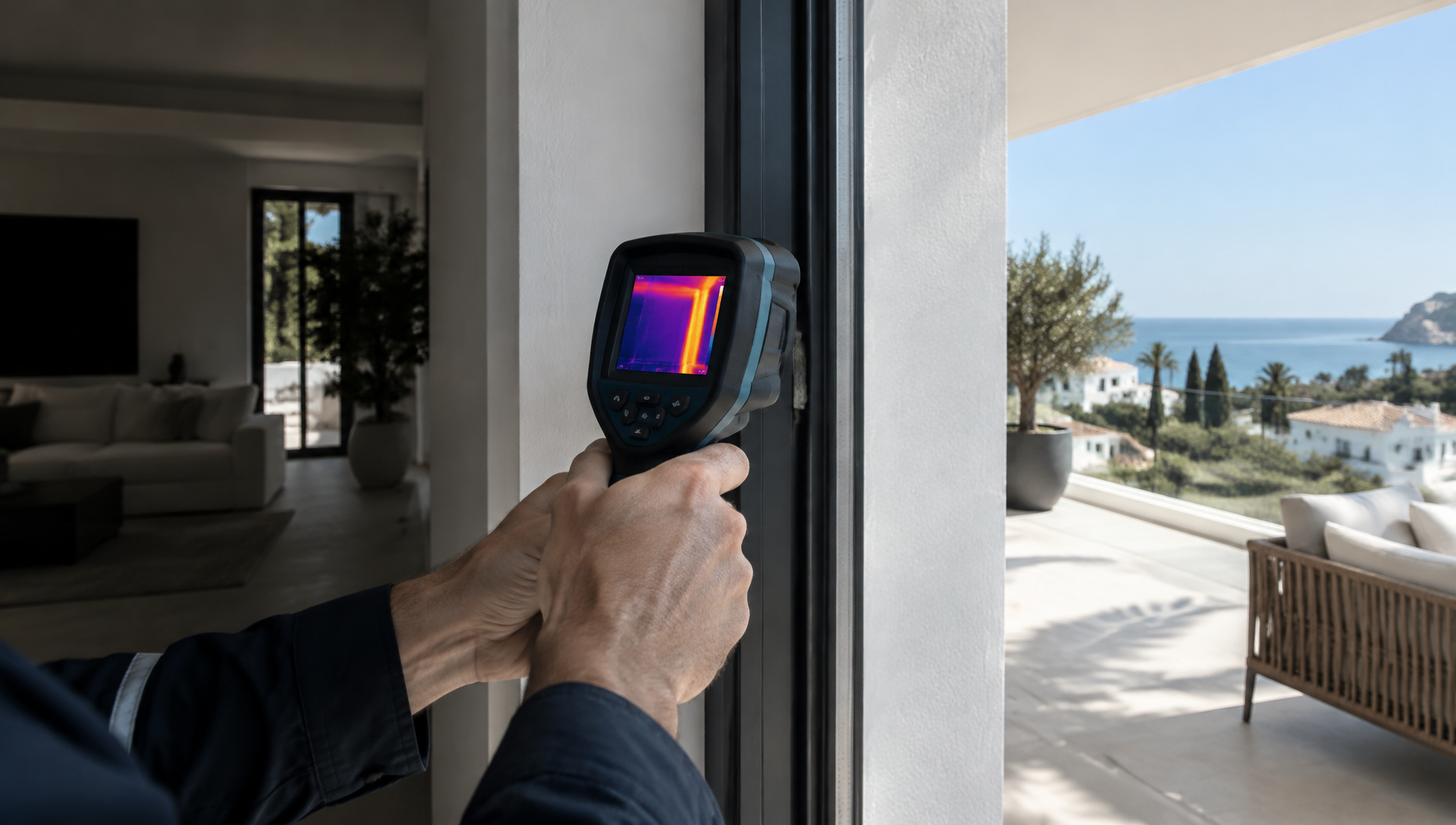 Thermal camera checking a terrace door frame in a Costa del Sol villa